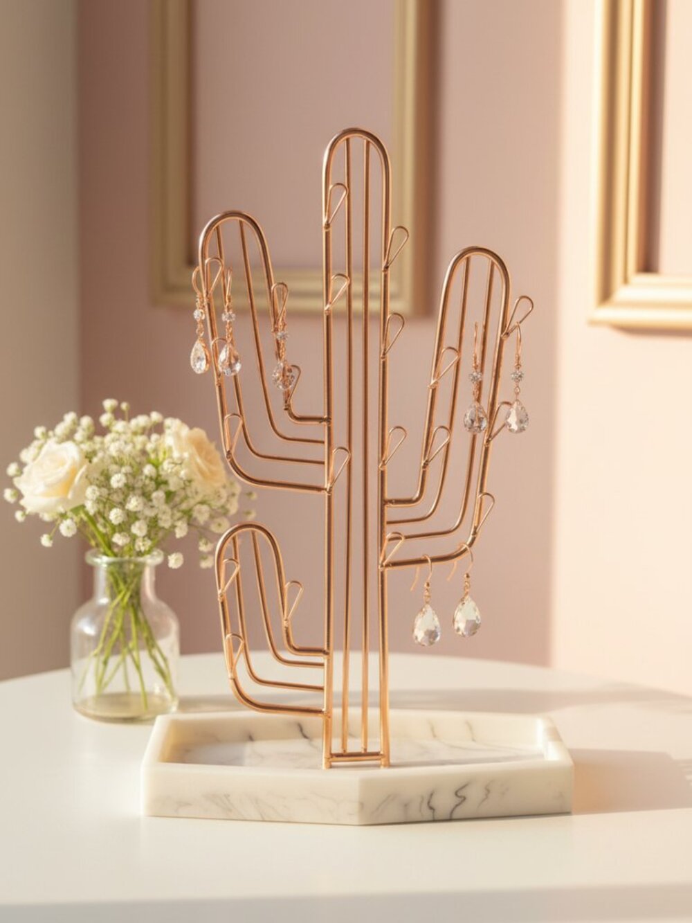 Rose Gold Wire Cactus Earring Jewelry Holder Marble Tray Boho Vanity